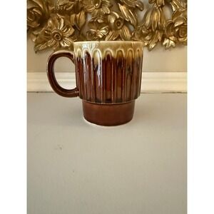 Vintage Japan Drip Glaze Coffee Mug Brown Tan Ribbed Ceramic Mid Century Modern